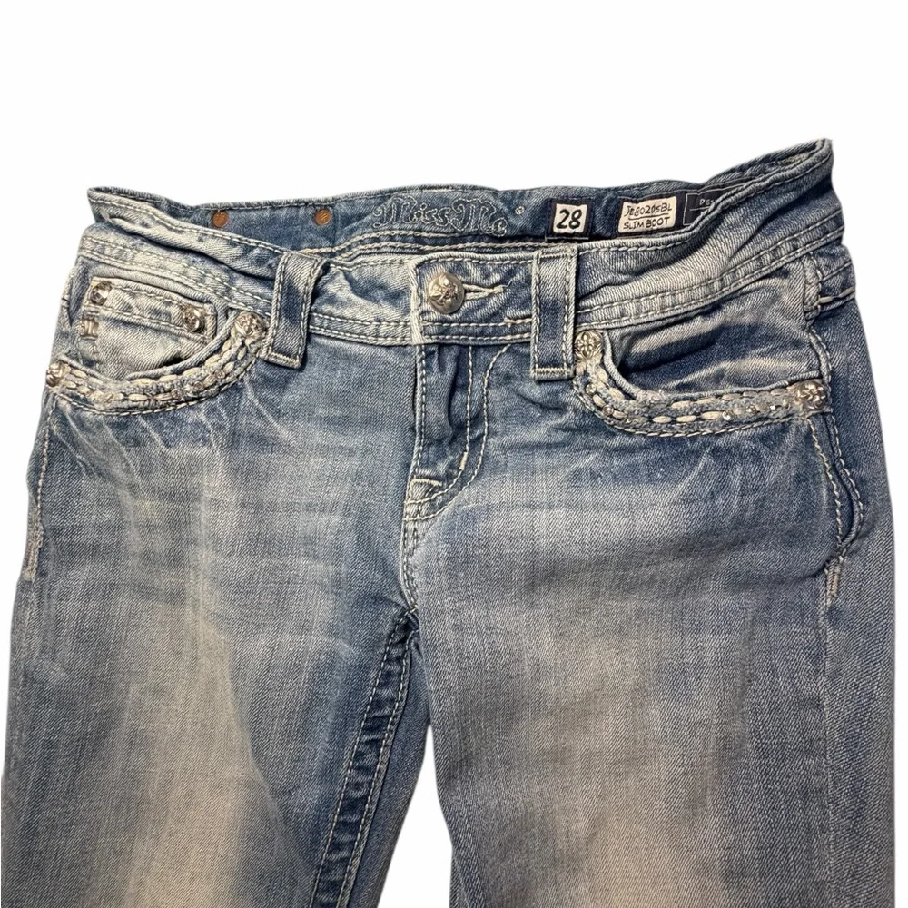 Miss Me Light Wash Embellished Flap Pocket Bootcut Jeans Sz 28 - Picture 6 of 15